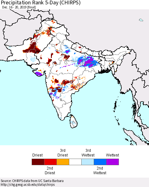 Southern Asia Precipitation Rank since 1981, 5-Day (CHIRPS) Thematic Map For 12/16/2019 - 12/20/2019