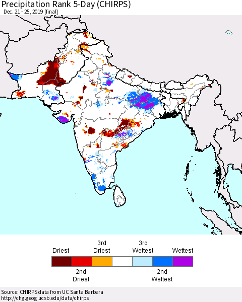 Southern Asia Precipitation Rank 5-Day (CHIRPS) Thematic Map For 12/21/2019 - 12/25/2019