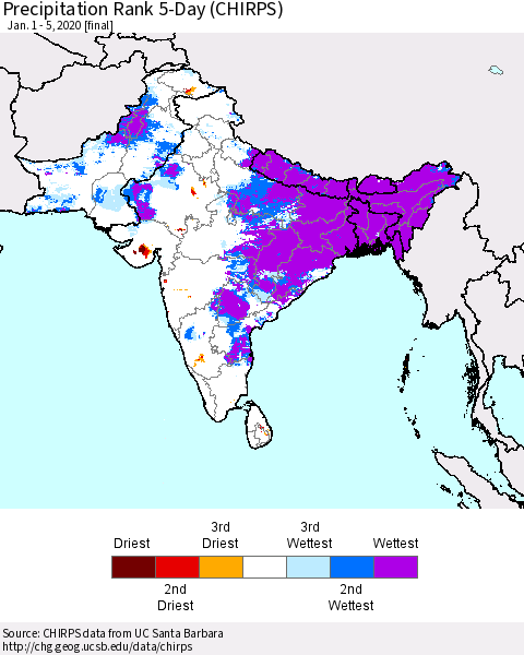 Southern Asia Precipitation Rank 5-Day (CHIRPS) Thematic Map For 1/1/2020 - 1/5/2020