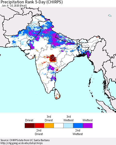 Southern Asia Precipitation Rank since 1981, 5-Day (CHIRPS) Thematic Map For 1/6/2020 - 1/10/2020