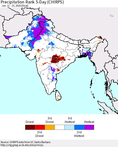 Southern Asia Precipitation Rank since 1981, 5-Day (CHIRPS) Thematic Map For 1/11/2020 - 1/15/2020
