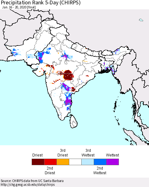 Southern Asia Precipitation Rank 5-Day (CHIRPS) Thematic Map For 1/16/2020 - 1/20/2020