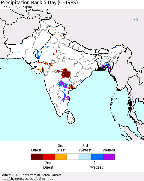 Southern Asia Precipitation Rank since 1981, 5-Day (CHIRPS) Thematic Map For 1/21/2020 - 1/25/2020