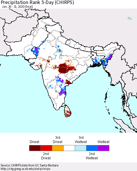 Southern Asia Precipitation Rank 5-Day (CHIRPS) Thematic Map For 1/26/2020 - 1/31/2020