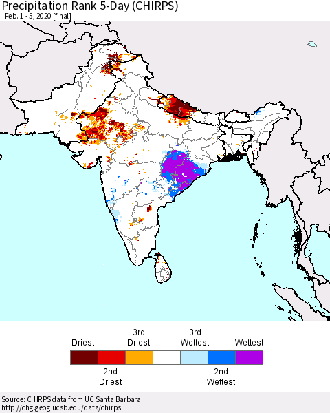 Southern Asia Precipitation Rank 5-Day (CHIRPS) Thematic Map For 2/1/2020 - 2/5/2020
