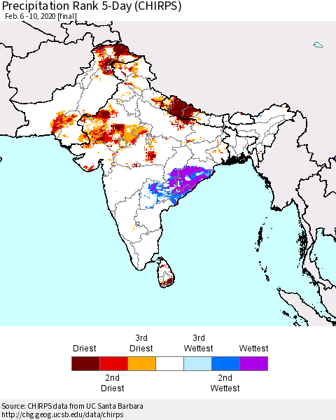 Southern Asia Precipitation Rank 5-Day (CHIRPS) Thematic Map For 2/6/2020 - 2/10/2020