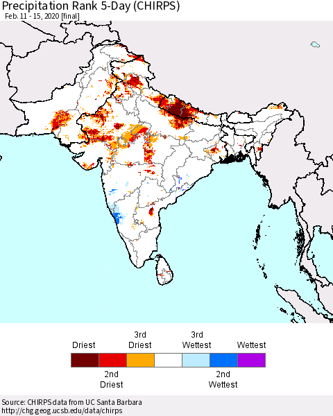 Southern Asia Precipitation Rank 5-Day (CHIRPS) Thematic Map For 2/11/2020 - 2/15/2020