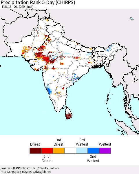 Southern Asia Precipitation Rank since 1981, 5-Day (CHIRPS) Thematic Map For 2/16/2020 - 2/20/2020