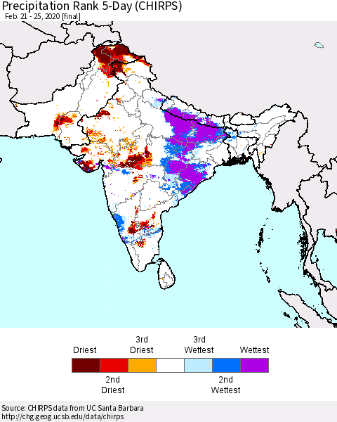 Southern Asia Precipitation Rank since 1981, 5-Day (CHIRPS) Thematic Map For 2/21/2020 - 2/25/2020