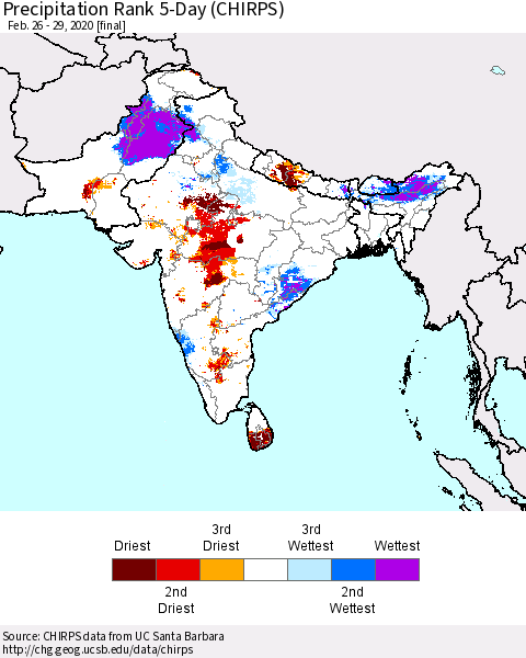 Southern Asia Precipitation Rank since 1981, 5-Day (CHIRPS) Thematic Map For 2/26/2020 - 2/29/2020