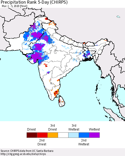Southern Asia Precipitation Rank since 1981, 5-Day (CHIRPS) Thematic Map For 3/1/2020 - 3/5/2020