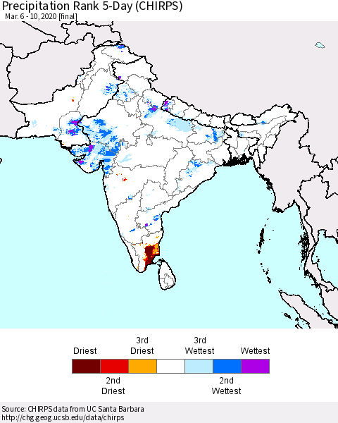 Southern Asia Precipitation Rank 5-Day (CHIRPS) Thematic Map For 3/6/2020 - 3/10/2020