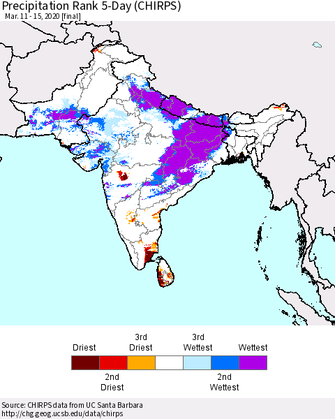 Southern Asia Precipitation Rank 5-Day (CHIRPS) Thematic Map For 3/11/2020 - 3/15/2020