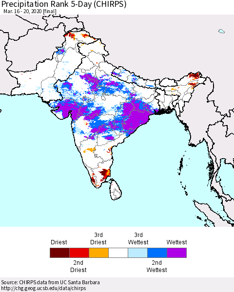 Southern Asia Precipitation Rank 5-Day (CHIRPS) Thematic Map For 3/16/2020 - 3/20/2020