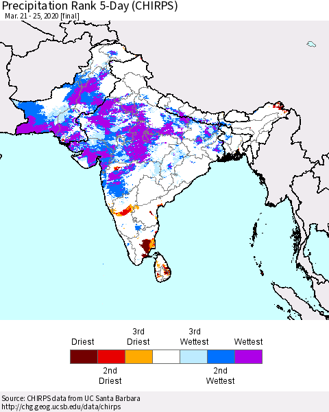 Southern Asia Precipitation Rank 5-Day (CHIRPS) Thematic Map For 3/21/2020 - 3/25/2020