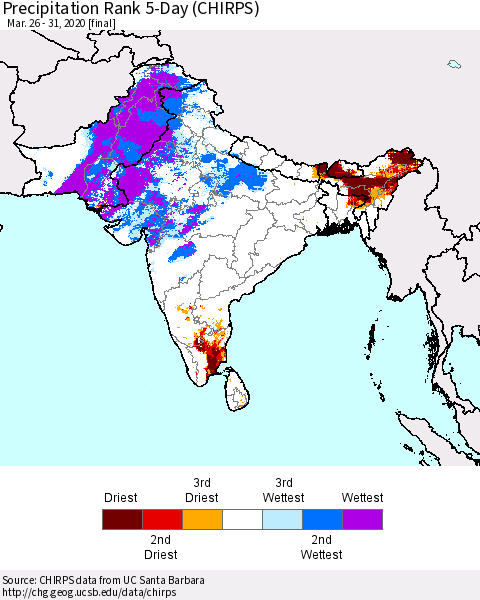 Southern Asia Precipitation Rank 5-Day (CHIRPS) Thematic Map For 3/26/2020 - 3/31/2020