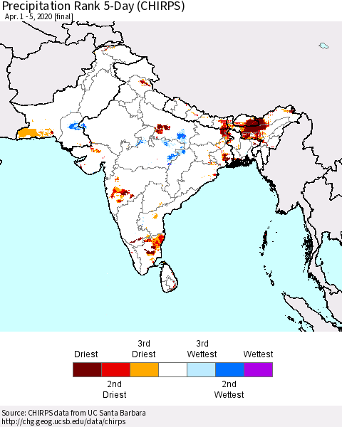 Southern Asia Precipitation Rank 5-Day (CHIRPS) Thematic Map For 4/1/2020 - 4/5/2020