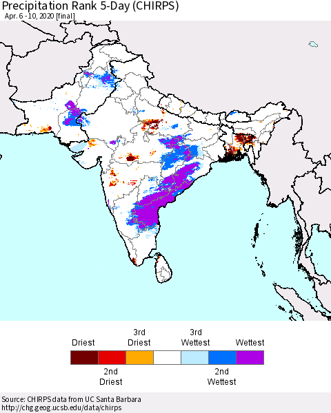 Southern Asia Precipitation Rank 5-Day (CHIRPS) Thematic Map For 4/6/2020 - 4/10/2020