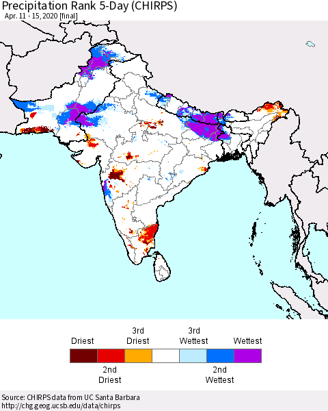 Southern Asia Precipitation Rank 5-Day (CHIRPS) Thematic Map For 4/11/2020 - 4/15/2020