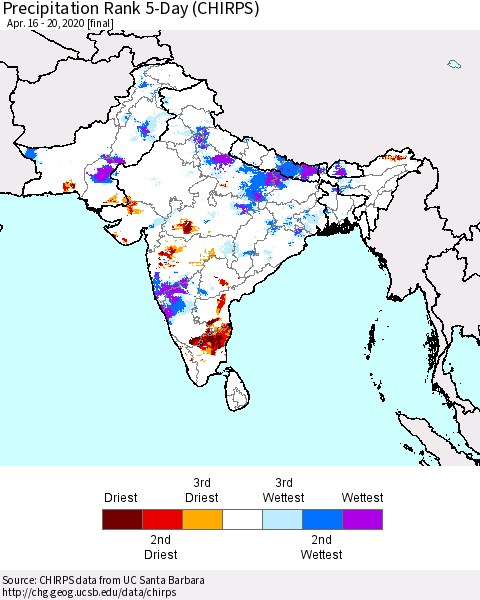 Southern Asia Precipitation Rank 5-Day (CHIRPS) Thematic Map For 4/16/2020 - 4/20/2020