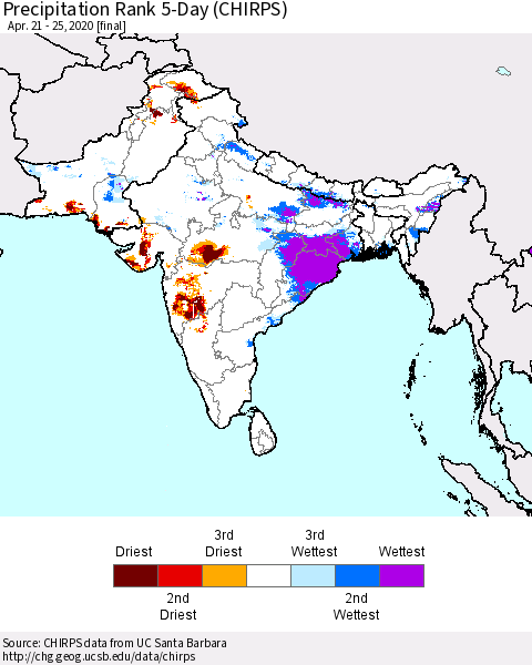 Southern Asia Precipitation Rank 5-Day (CHIRPS) Thematic Map For 4/21/2020 - 4/25/2020