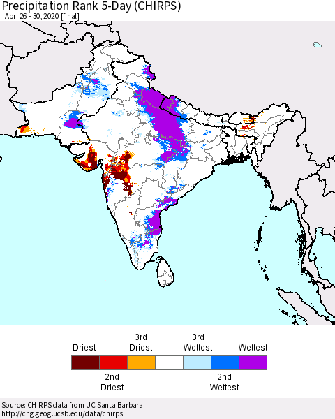 Southern Asia Precipitation Rank 5-Day (CHIRPS) Thematic Map For 4/26/2020 - 4/30/2020