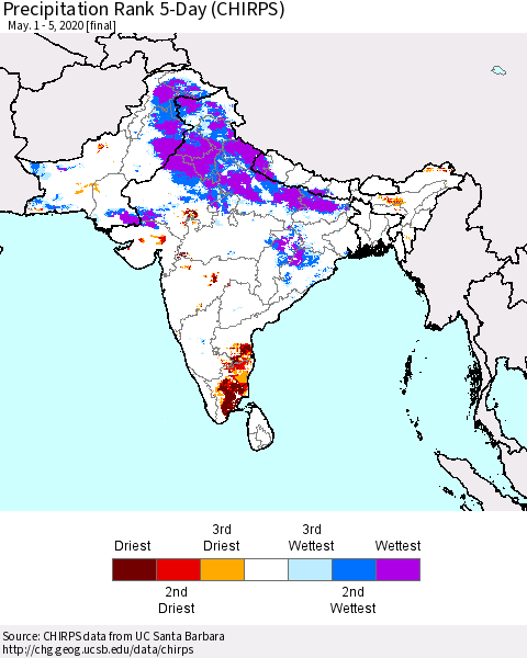 Southern Asia Precipitation Rank since 1981, 5-Day (CHIRPS) Thematic Map For 5/1/2020 - 5/5/2020