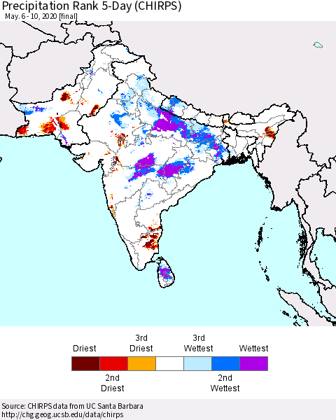 Southern Asia Precipitation Rank 5-Day (CHIRPS) Thematic Map For 5/6/2020 - 5/10/2020