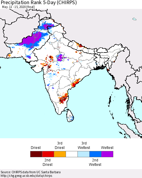 Southern Asia Precipitation Rank 5-Day (CHIRPS) Thematic Map For 5/11/2020 - 5/15/2020