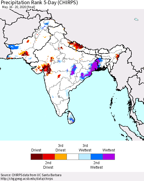 Southern Asia Precipitation Rank 5-Day (CHIRPS) Thematic Map For 5/16/2020 - 5/20/2020