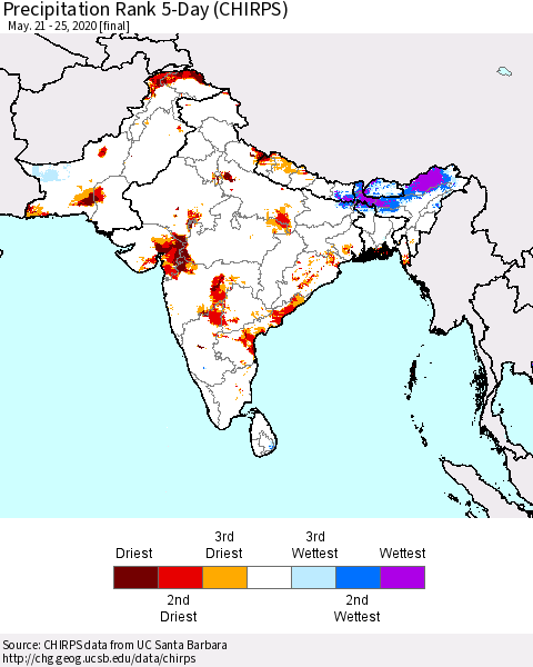 Southern Asia Precipitation Rank 5-Day (CHIRPS) Thematic Map For 5/21/2020 - 5/25/2020