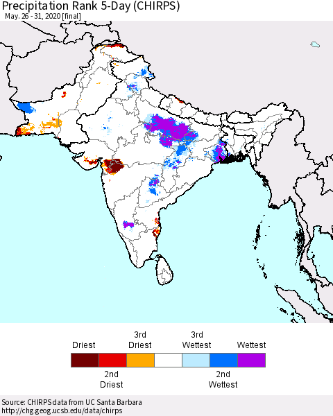 Southern Asia Precipitation Rank 5-Day (CHIRPS) Thematic Map For 5/26/2020 - 5/31/2020