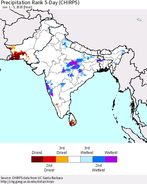 Southern Asia Precipitation Rank since 1981, 5-Day (CHIRPS) Thematic Map For 6/1/2020 - 6/5/2020