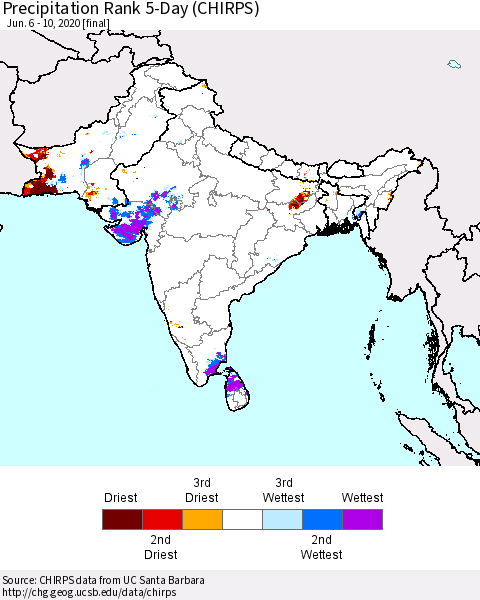 Southern Asia Precipitation Rank 5-Day (CHIRPS) Thematic Map For 6/6/2020 - 6/10/2020