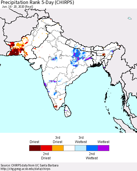Southern Asia Precipitation Rank 5-Day (CHIRPS) Thematic Map For 6/16/2020 - 6/20/2020