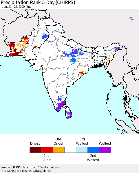 Southern Asia Precipitation Rank 5-Day (CHIRPS) Thematic Map For 6/21/2020 - 6/25/2020