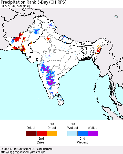 Southern Asia Precipitation Rank 5-Day (CHIRPS) Thematic Map For 6/26/2020 - 6/30/2020