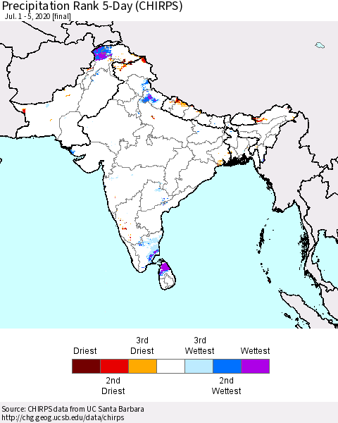 Southern Asia Precipitation Rank since 1981, 5-Day (CHIRPS) Thematic Map For 7/1/2020 - 7/5/2020