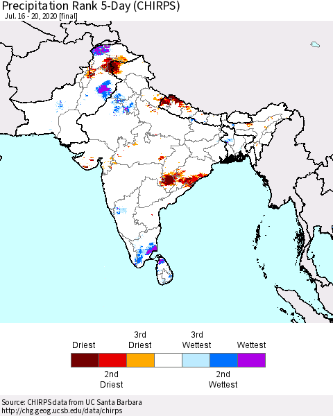 Southern Asia Precipitation Rank since 1981, 5-Day (CHIRPS) Thematic Map For 7/16/2020 - 7/20/2020
