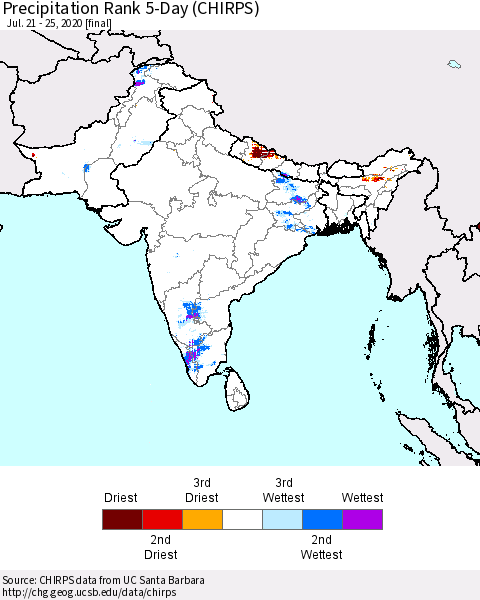 Southern Asia Precipitation Rank since 1981, 5-Day (CHIRPS) Thematic Map For 7/21/2020 - 7/25/2020