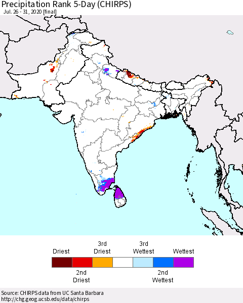 Southern Asia Precipitation Rank 5-Day (CHIRPS) Thematic Map For 7/26/2020 - 7/31/2020