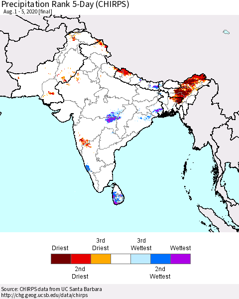 Southern Asia Precipitation Rank 5-Day (CHIRPS) Thematic Map For 8/1/2020 - 8/5/2020