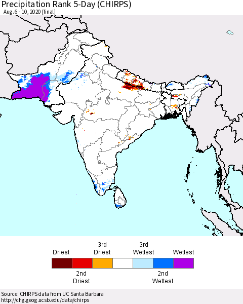 Southern Asia Precipitation Rank 5-Day (CHIRPS) Thematic Map For 8/6/2020 - 8/10/2020