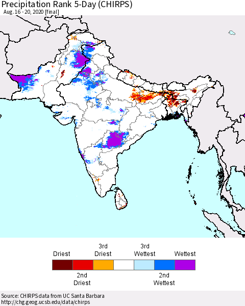 Southern Asia Precipitation Rank 5-Day (CHIRPS) Thematic Map For 8/16/2020 - 8/20/2020