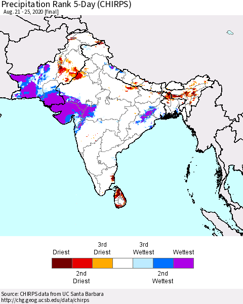 Southern Asia Precipitation Rank 5-Day (CHIRPS) Thematic Map For 8/21/2020 - 8/25/2020