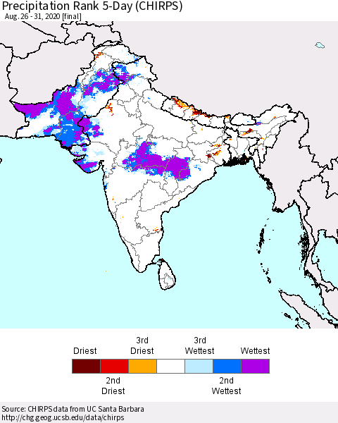 Southern Asia Precipitation Rank 5-Day (CHIRPS) Thematic Map For 8/26/2020 - 8/31/2020