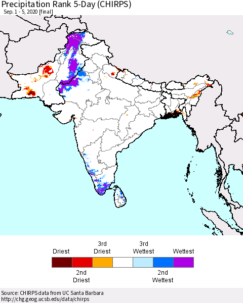 Southern Asia Precipitation Rank 5-Day (CHIRPS) Thematic Map For 9/1/2020 - 9/5/2020