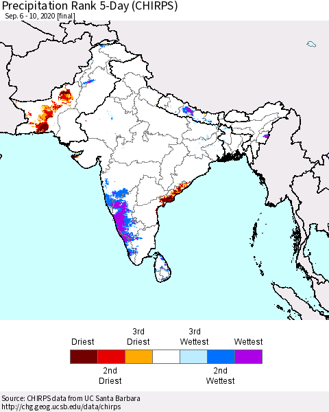 Southern Asia Precipitation Rank 5-Day (CHIRPS) Thematic Map For 9/6/2020 - 9/10/2020