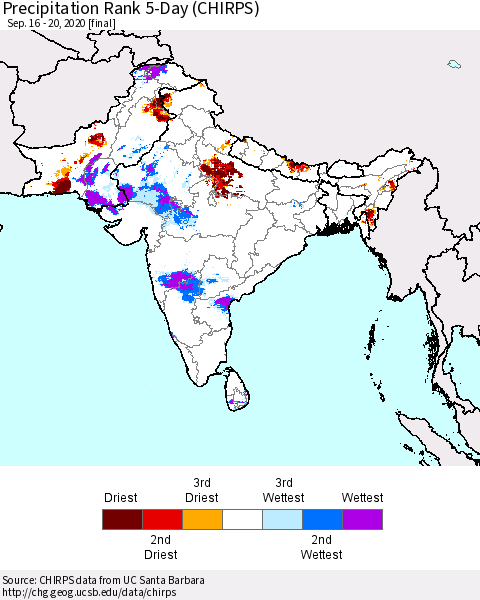Southern Asia Precipitation Rank 5-Day (CHIRPS) Thematic Map For 9/16/2020 - 9/20/2020