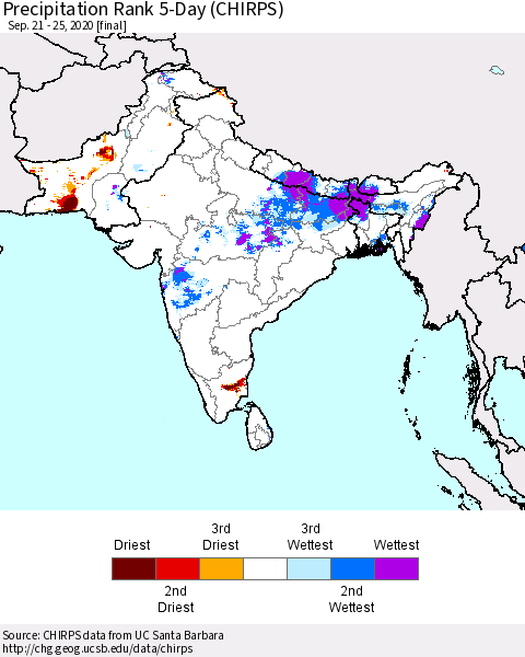 Southern Asia Precipitation Rank 5-Day (CHIRPS) Thematic Map For 9/21/2020 - 9/25/2020